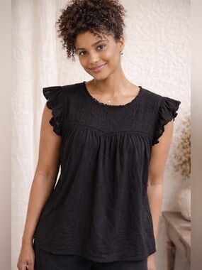 Eri + Ali Anthropologie Black Eyelet Ruffle Sleeve Boho Blouse Top Medium